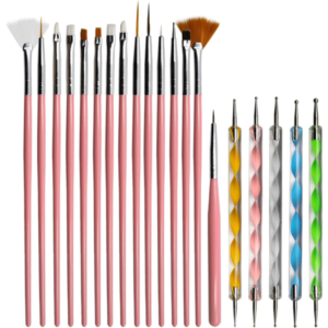 Kit 15 Pincéis de Decoração Pontilhismo para Unhas Gel Alongamento Acrílico + 5 Boleadores, Manicure Pedicure, Ponta Dupla