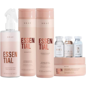 Kit Braé Essential Duo 250ml + Essential Hair Repair Spray 260ml + Máscara 200g + 3 Ampolas 13ml