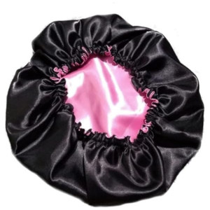 Touca De Cetim Dupla Face Preta Com Rosa Ajustável