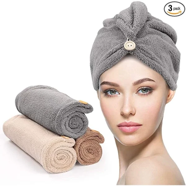 Kit C/3 Toalha Microfibras Com Botão Secadora de Cabelo Skin Care - Toalha Mágica