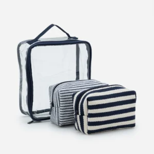 Kit 03 Necessaire com Estampa de Listras Azul