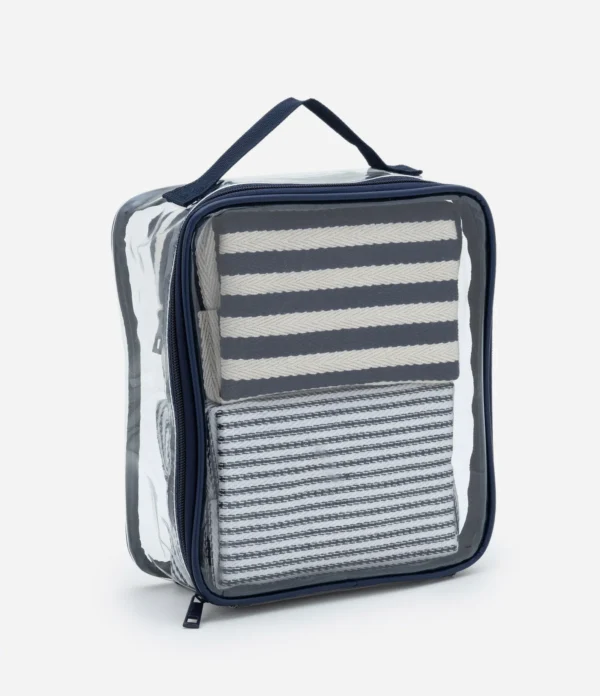 Kit 03 Necessaire com Estampa de Listras Azul