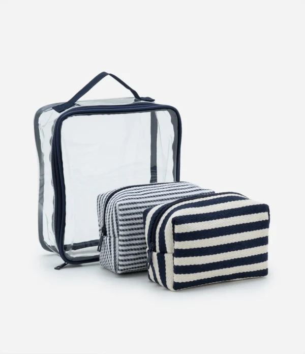Kit 03 Necessaire com Estampa de Listras Azul