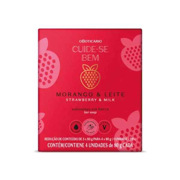 Combo Cuide-se Bem Morango e Leite - Loção Corporal 400ml + Body Splash 200ml + Sabonetes em Barra 4x80g cada